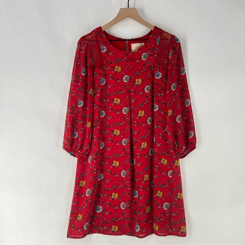 Skies Are‎ Blue Vibrant Red Floral Chiffon Lace Detail 3/4 Sleeve Shift Dress M